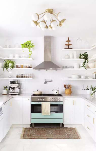 White and Gold Kitchen With Open Shelving